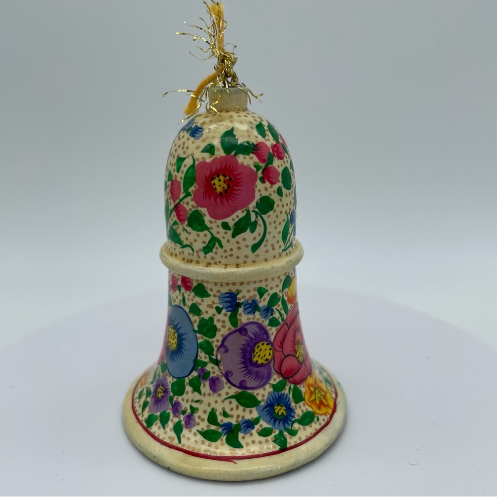 Hand-Painted Kashmiri Papier-Mâché Bell Xmas Ornament Folk Christmas Art